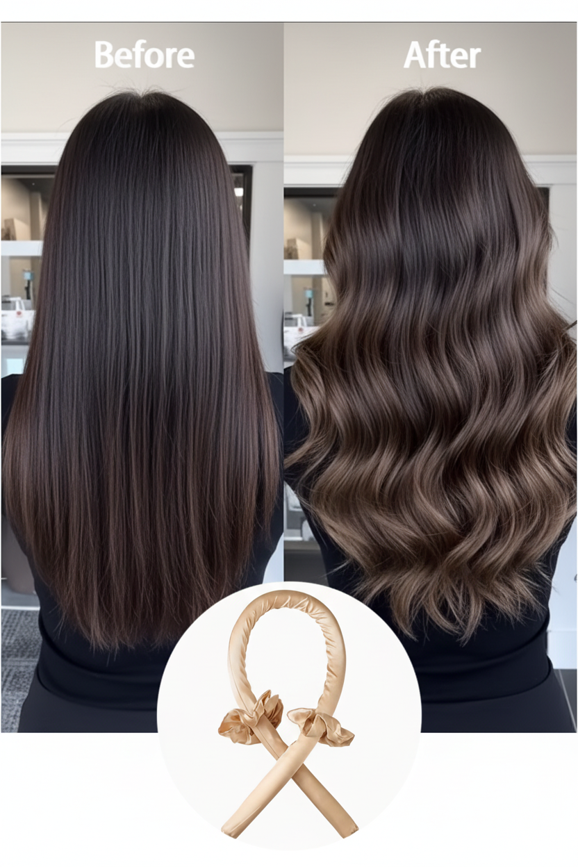Before & After — Brunette with Champagne Curl Ribbon